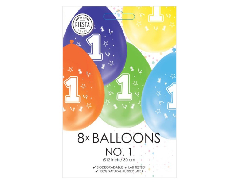 Globos Luftballons 2-seitig bedruckt Zahl 1, 8 Stk.