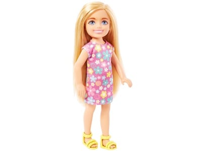 Puppe im lila geblmten Kleid und blonden Haaren