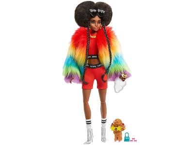 Puppe mit Afro und Regenbogen-Jacke