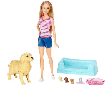 Puppe mit Hundemama & Welpen