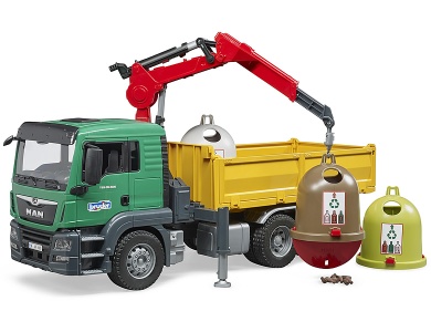 Bruder MAN TGS Kran-LKW mit 3 Altglascontainern