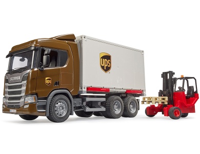 Bruder Scania Super 560R UPS Logistik-LKW mit Mitnahmestapler