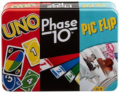 Kartenspiel-Klassiker in Metalldose: UNO, Phase 10, Pic Flip