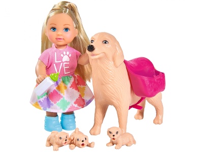 Puppe mit Hndin und drei Welpen