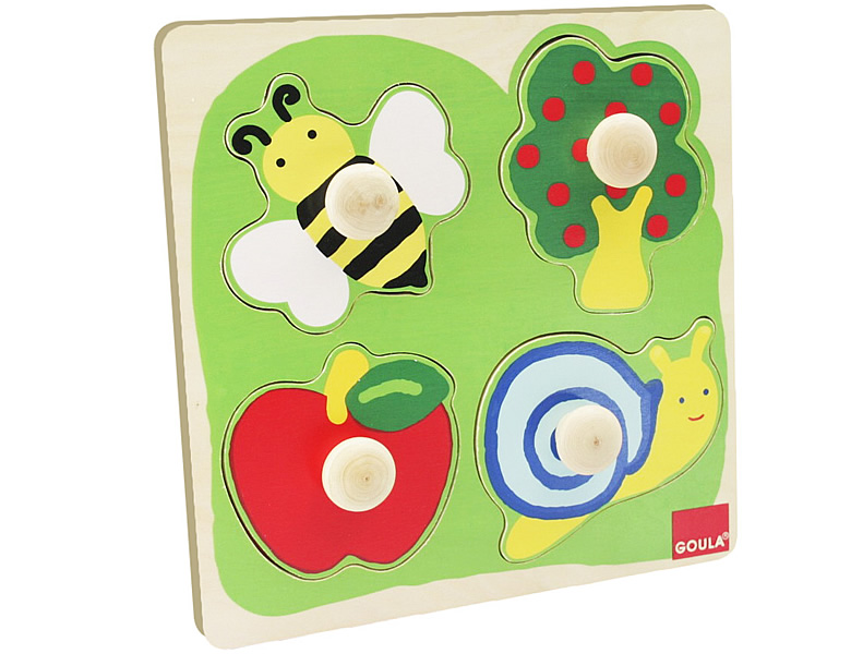 GOULA Puzzle Biene, Apfelbaum und Schnecke 4Teile | Holzpuzzle