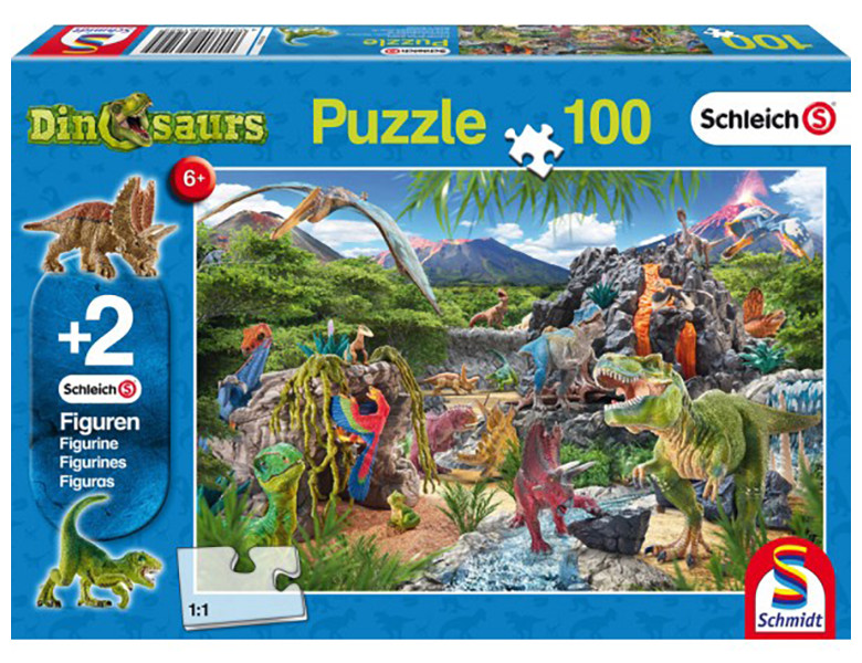 Schmidt Puzzle Im Reich der Dinosaurier, inkl. 2 Original-Schleich-Figuren 100Teile
